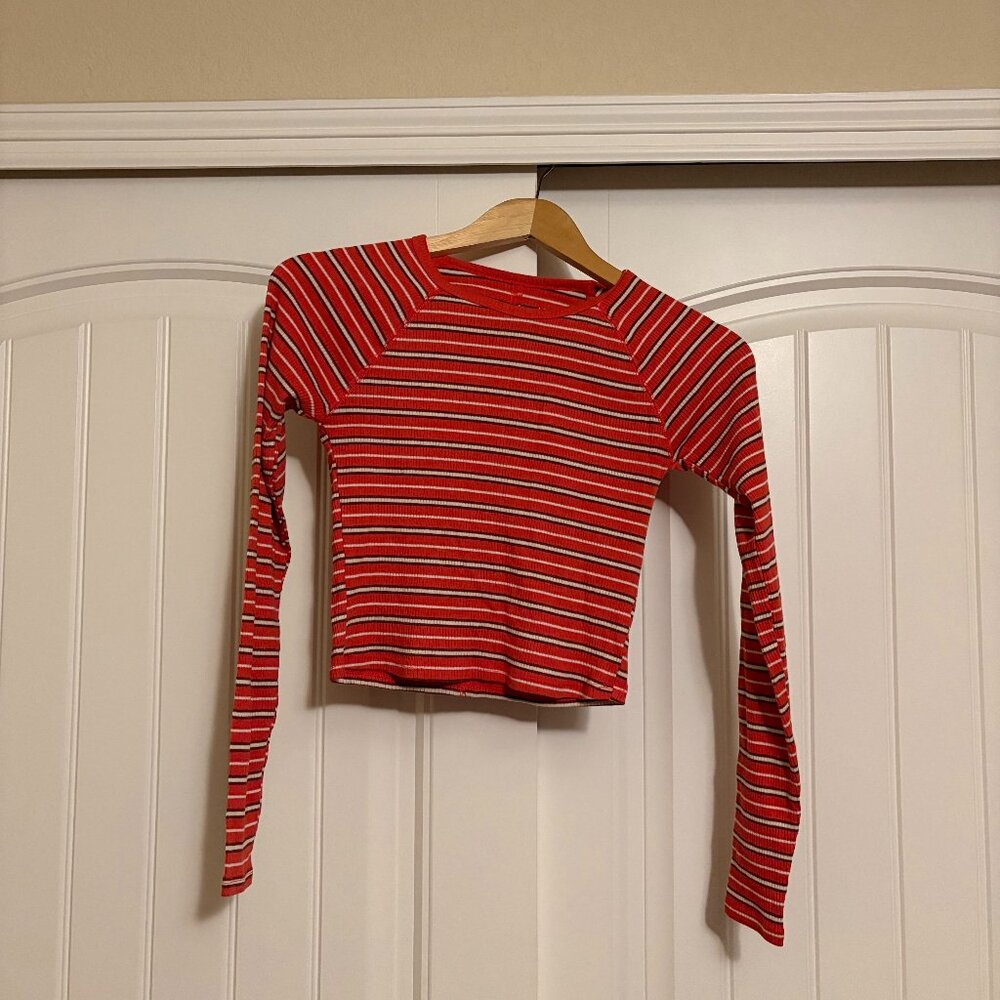 Arizona Jean Co Crop Top Small Long Sleeve Striped Red Ribbed Cotton Blend Y2K